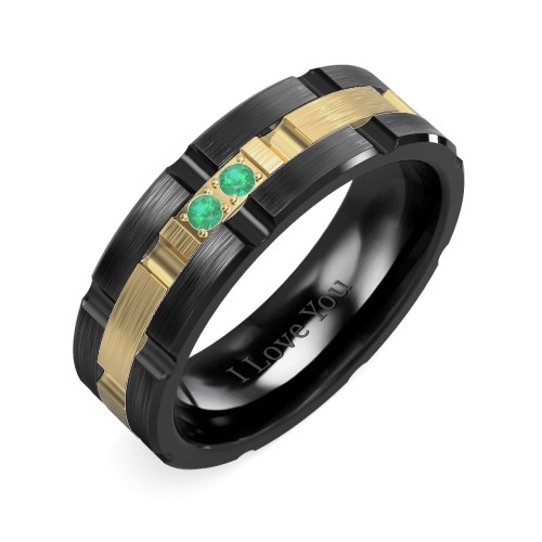 Men's Two Stone Grooved and Brushed Ring – Ceramic with Emerald