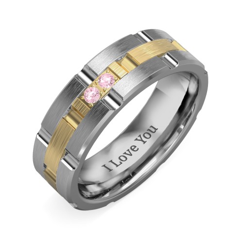 Men's Two Stone Grooved and Brushed Ring – Tungsten with Pink Tourmaline