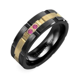 Men's Two Stone Grooved and Brushed Ring in Ceramic with Ruby
