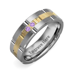 Men's Two Stone Grooved and Brushed Ring in Tungsten with Amethyst