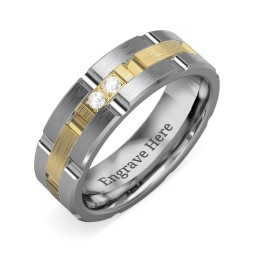 Men's Two Stone Grooved and Brushed Ring in Tungsten with Cubic Zirconia