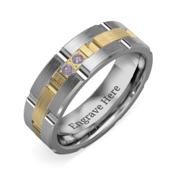 Men's Two Stone Grooved and Brushed Ring in Tungsten with Alexandrite
