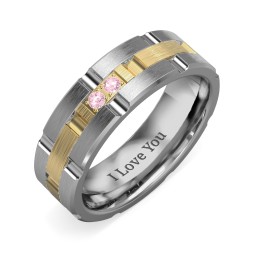 Men's Two Stone Grooved and Brushed Ring in Tungsten with Pink Tourmaline