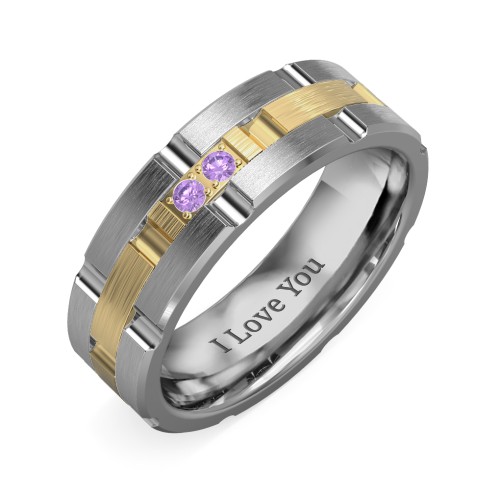 Men's Two Stone Grooved and Brushed Ring – Tungsten with Amethyst