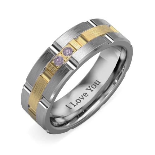 Men's Two Stone Grooved and Brushed Ring – Tungsten with Alexandrite