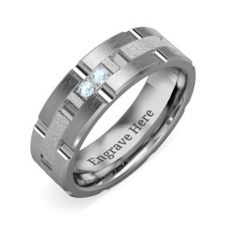 Men's Two Stone Grooved and Brushed Ring with Textured Inlay in Tungsten