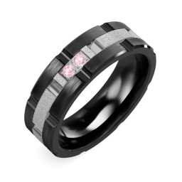 Men's Two Stone Grooved and Brushed Ring with Textured Inlay in Ceramic with Pink Tourmaline