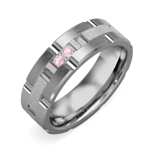 Men's Two Stone Grooved and Brushed Ring with Textured Inlay – Tungsten with Pink Tourmaline