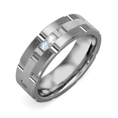 Men's Two Stone Grooved and Brushed Ring with Textured Inlay – Ceramic with Blue Sapphire