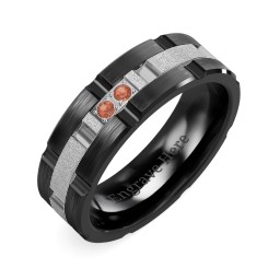 Men's Two Stone Grooved and Brushed Ring with Textured Inlay in Ceramic with Garnet