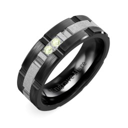 Men's Two Stone Grooved and Brushed Ring with Textured Inlay in Ceramic with Peridot