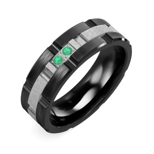 Men's Two Stone Grooved and Brushed Ring with Textured Inlay – Ceramic with Emerald