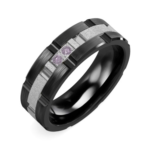 Men's Two Stone Grooved and Brushed Ring with Textured Inlay – Ceramic with Alexandrite