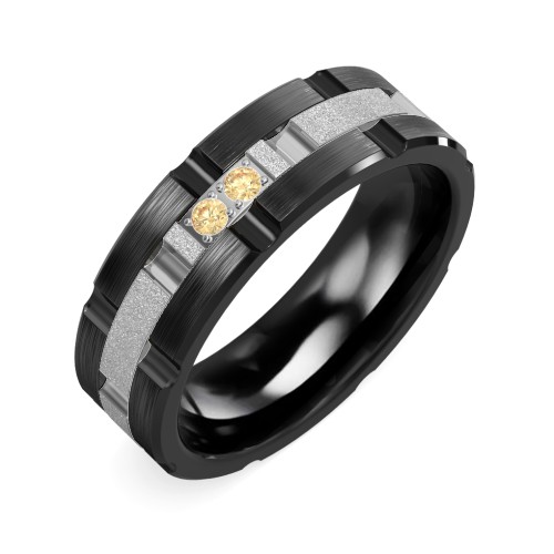 Men's Two Stone Grooved and Brushed Ring with Textured Inlay – Ceramic with Citrine