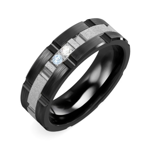 Men's Two Stone Grooved and Brushed Ring with Textured Inlay – Ceramic with Blue Topaz and Cubic Zirconia