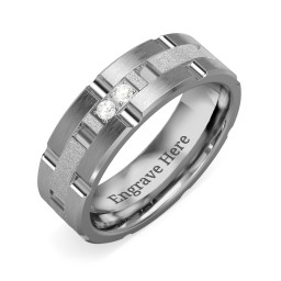 Men's Two Stone Grooved and Brushed Ring with Textured Inlay in Tungsten with Cubic Zirconia