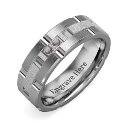 Men's Two Stone Grooved and Brushed Ring with Textured Inlay in Tungsten with Smokey Quartz