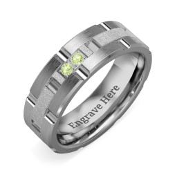 Men's Two Stone Grooved and Brushed Ring with Textured Inlay in Tungsten with Peridot