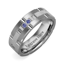 Men's Two Stone Grooved and Brushed Ring with Textured Inlay in Tungsten with Blue Sapphire