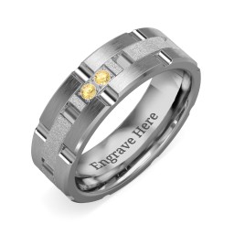 Men's Two Stone Grooved and Brushed Ring with Textured Inlay in Tungsten with Citrine