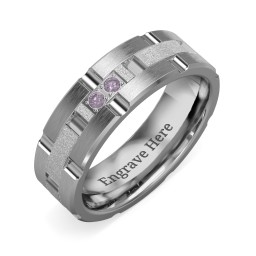 Men's Two Stone Grooved and Brushed Ring with Textured Inlay in Tungsten with Alexandrite