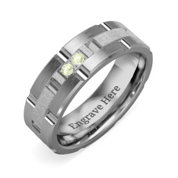 Men's Two Stone Grooved and Brushed Ring with Textured Inlay in Tungsten with Peridot
