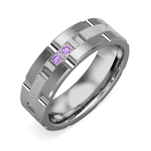 Men's Two Stone Grooved and Brushed Ring with Textured Inlay – Tungsten with Amethyst