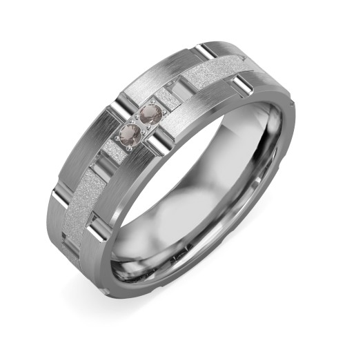 Men's Two Stone Grooved and Brushed Ring with Textured Inlay – Tungsten with Smokey Quartz