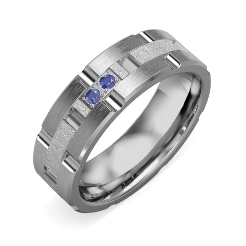 Men's Two Stone Grooved and Brushed Ring with Textured Inlay – Tungsten with Blue Sapphire