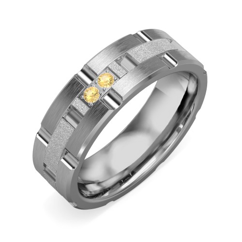 Men's Two Stone Grooved and Brushed Ring with Textured Inlay – Tungsten with Citrine