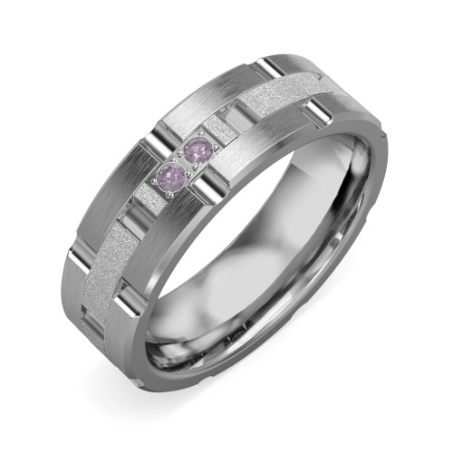Men's Two Stone Grooved and Brushed Ring with Textured Inlay – Tungsten with Alexandrite