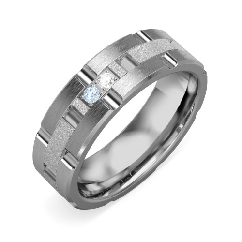 Men's Two Stone Grooved and Brushed Ring with Textured Inlay – Tungsten with Blue Topaz and Cubic Zirconia