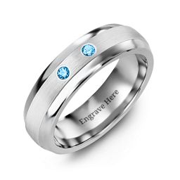 Men's Two Gemstone Dome Ring with Brushed Inlay in Tungsten