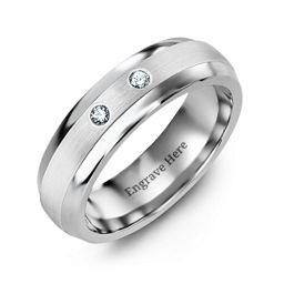 Men's Two Gemstone Dome Ring with Brushed Inlay in Tungsten with Cubic Zirconia