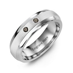 Men's Two Gemstone Dome Ring with Brushed Inlay in Tungsten with Smokey Quartz