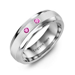 Men's Two Gemstone Dome Ring with Brushed Inlay in Tungsten with Pink Tourmaline