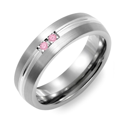 Men's 2-Stone Carved Dome Ring With Brushed Inlay – Tungsten with Pink Tourmaline