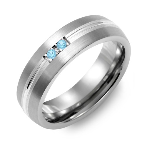 Men's 2-Stone Carved Dome Ring With Brushed Inlay – Tungsten with Blue Topaz