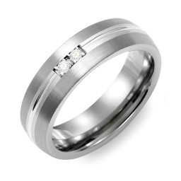 Men's 2-Stone Carved Dome Ring With Brushed Inlay in Tungsten with Cubic Zirconia