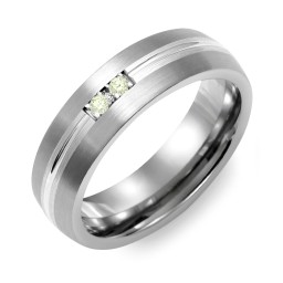 Men's 2-Stone Carved Dome Ring With Brushed Inlay in Tungsten with Peridot