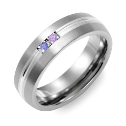 Men's 2-Stone Carved Dome Ring With Brushed Inlay in Tungsten with Blue Sapphire and Amethyst