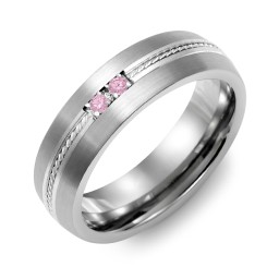 Men's 2-Stone Rope Dome Ring With Brushed Inlay in Tungsten with Pink Tourmaline