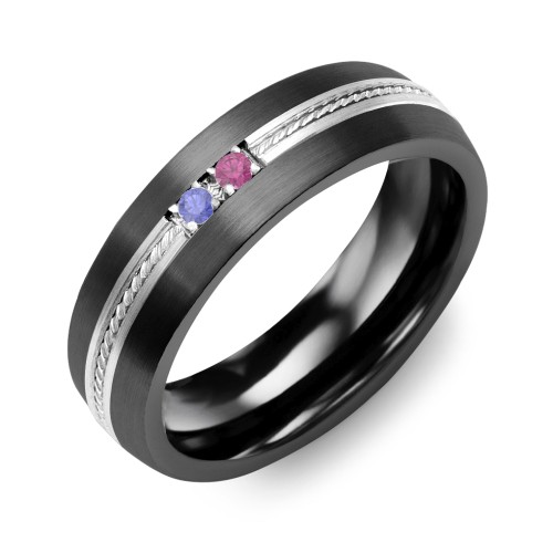 Men's 2-Stone Rope Dome Ring With Brushed Inlay – Ceramic with Blue Sapphire and Ruby