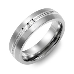 Men's 2-Stone Rope Dome Ring With Brushed Inlay in Tungsten with Cubic Zirconia