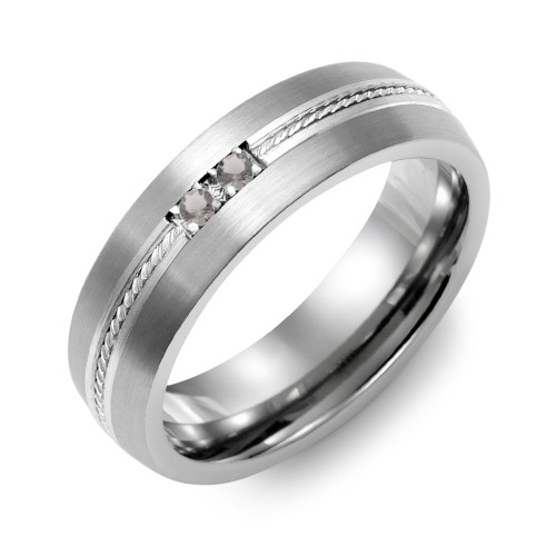 Men's 2-Stone Rope Dome Ring With Brushed Inlay – Tungsten with Smokey Quartz
