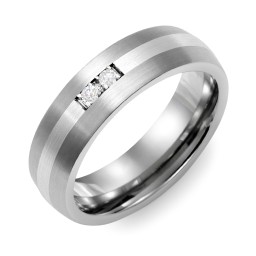 Men's 2-Stone Dome Ring With Brushed Inlay in Tungsten with Diamond