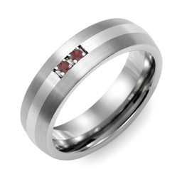 Men's 2-Stone Dome Ring With Brushed Inlay in Tungsten with Garnet