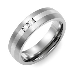 Men's 2-Stone Dome Ring With Brushed Inlay in Tungsten with Cubic Zirconia