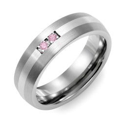 Men's 2-Stone Dome Ring With Brushed Inlay in Tungsten with Pink Tourmaline