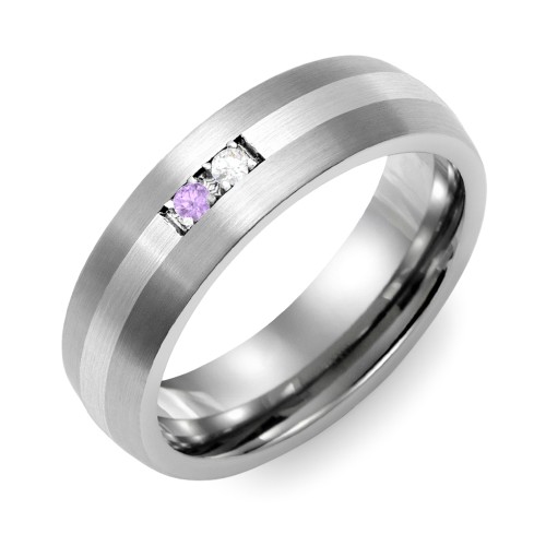 Men's 2-Stone Dome Ring With Brushed Inlay – Tungsten with Amethyst and Cubic Zirconia